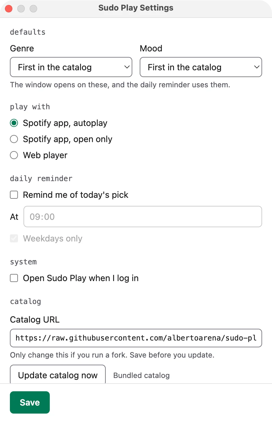 The Sudo Play Settings window, with a default genre and mood, the three ways to play, the daily reminder, opening when you log in, and the catalog URL.